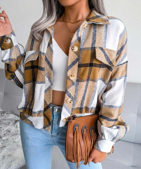 Danqi Women's Non-Denim Casual Jackets Khaki - Khaki Plaid Puff-Sleeve Shacket - Women | Zulily