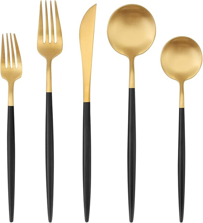 Matte Gold Silverware Set with black handle, Bysta 5-Piece Stainless Steel Flatware Set, Kitchen ... | Amazon (US)