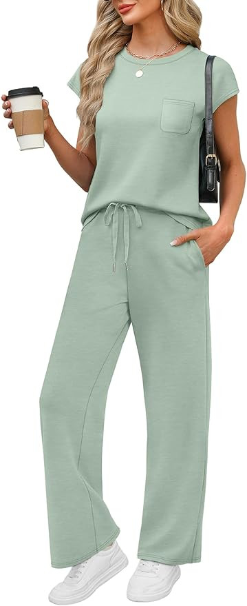 WIHOLL 2 Piece Sets for Women Casual Summer Travel Vacation Outfits Cap Sleeve Lounge Set | Amazon (US)