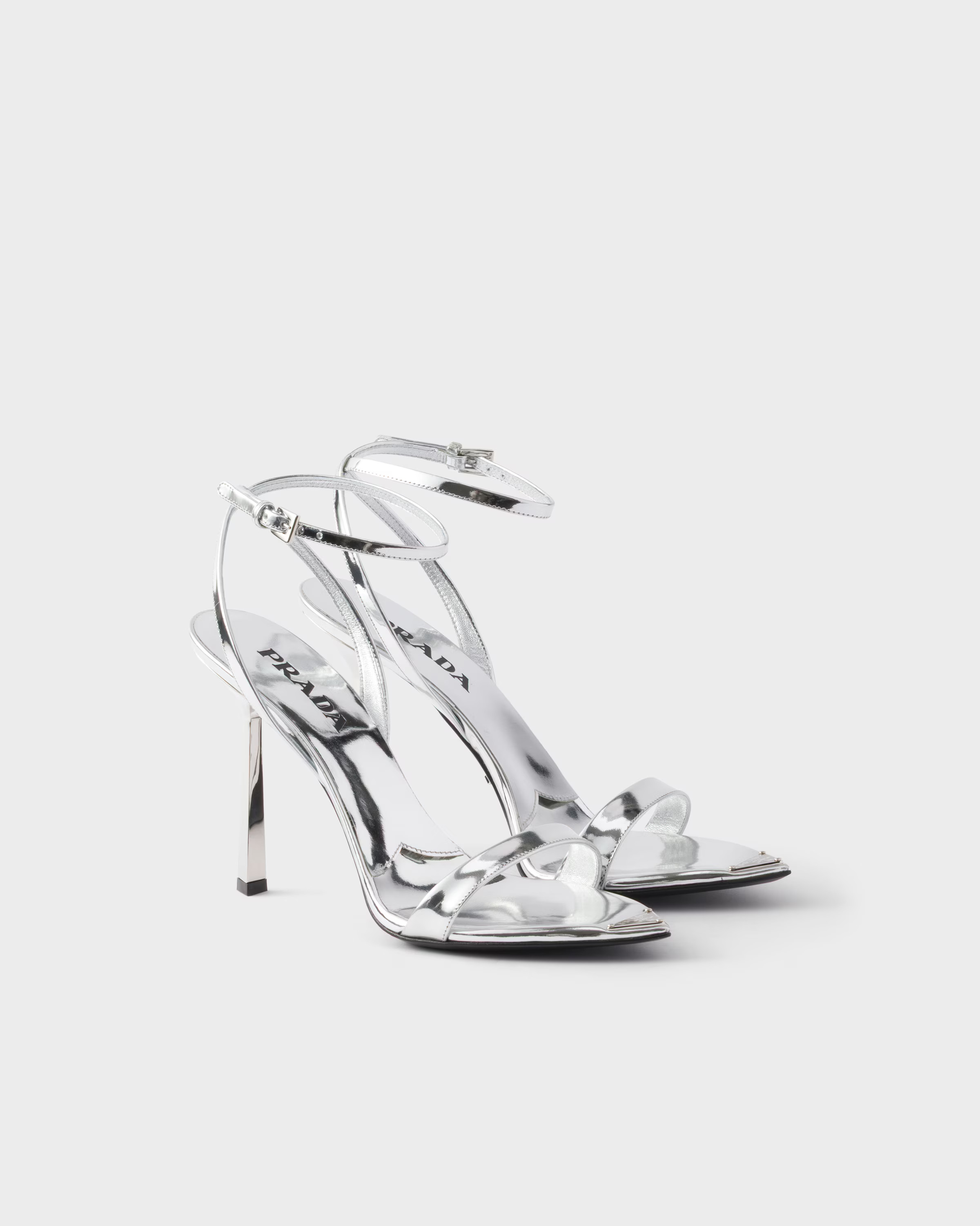 Silver Metallic Leather High-heeled Sandals | PRADA | Prada US