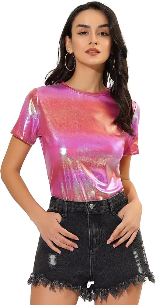 Allegra K Women's Halloween Shiny Glitter Shirt Holographic Party Disco Rainbow Metallic Top | Amazon (US)