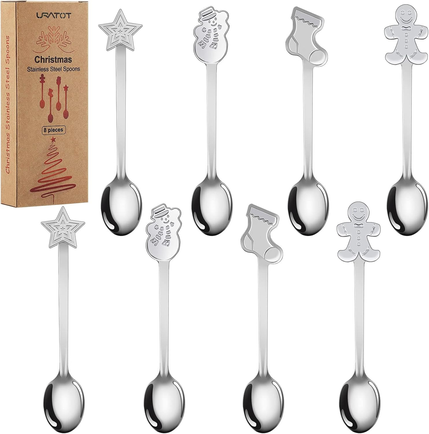 URATOT 8 Pieces Stainless Steel Christmas Spoons Coffee Tea Dessert Mixing Spoons Christmas Stock... | Amazon (US)