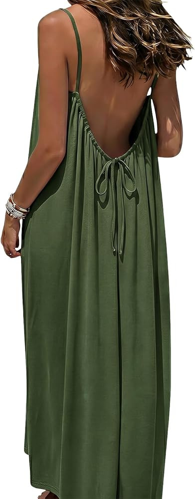 Women's Backless Cami Maxi Dress Spaghetti Strap Beach Dress Loose Vacation Sundress | Amazon (US)