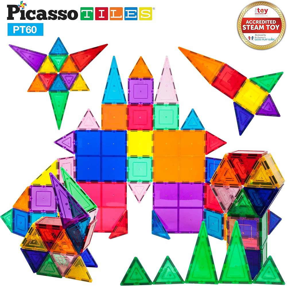 PicassoTiles 60 Piece Set 60pcs Magnet Building Tiles Clear Magnetic 3D Blocks Construction Playb... | Amazon (US)