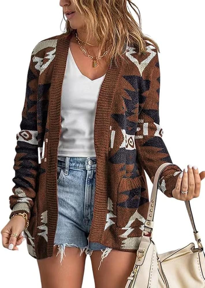 chouyatou Women's Tribal Aztec Print Sweater Open Front Knitted Jacquard Cardigan Sweater | Amazon (US)
