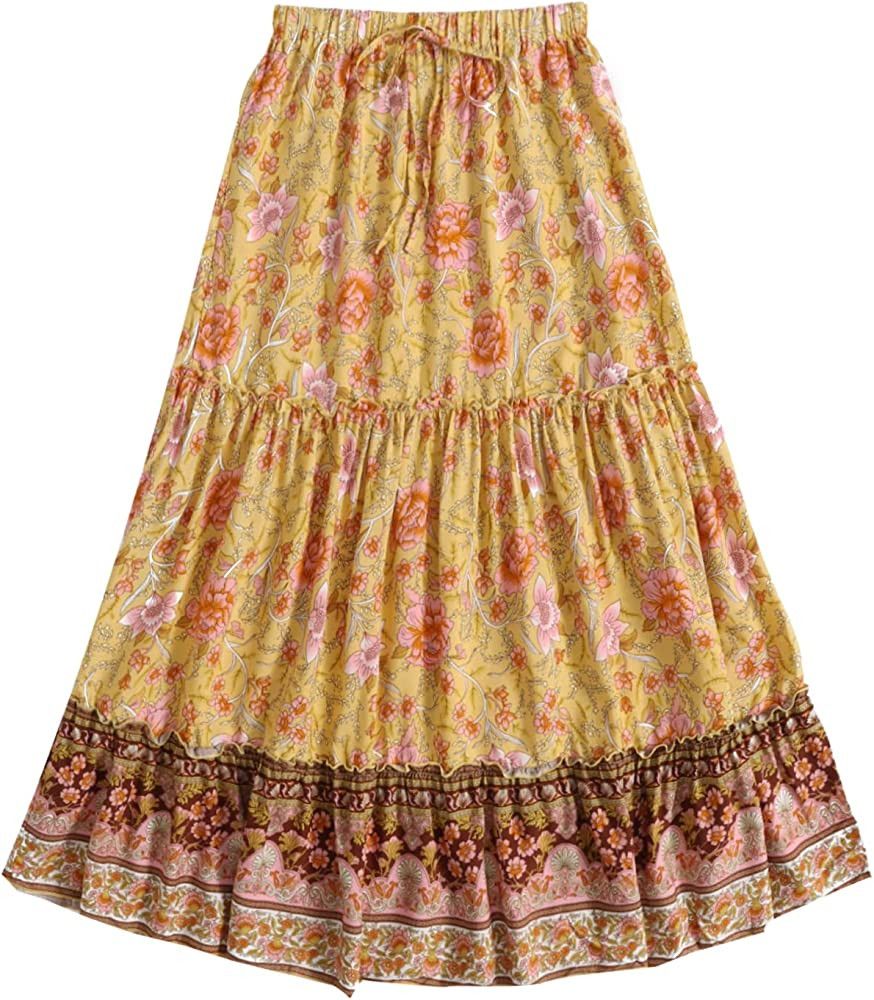 Milumia Women's Boho Vintage Floral Print Tie Waist A Line Maxi Skirts | Amazon (US)