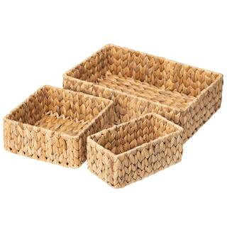 Natural Water Hyacinth 14.17in x 9.05in x 3.93in Hand Woven Wicker Baskets Set of 3 for Storage Organizing | The Home Depot