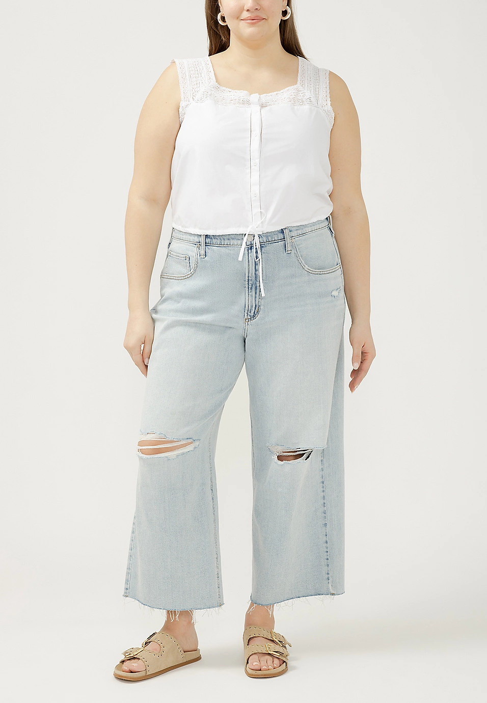 Plus Size Silver Jeans Co.® Be Easy Slouchy Ripped Raw Hem Wide Leg Ankle Jean | Maurices