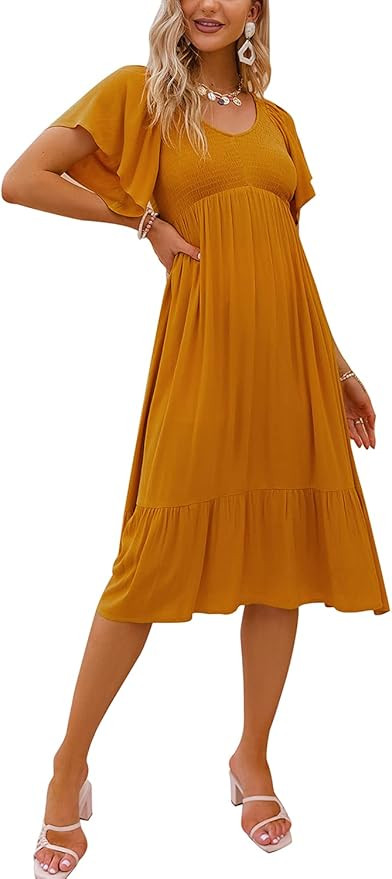 Miessial Women's Striped Linen Long Dress Elegant Ruffle Cap Sleeves Midi Dress | Amazon (US)