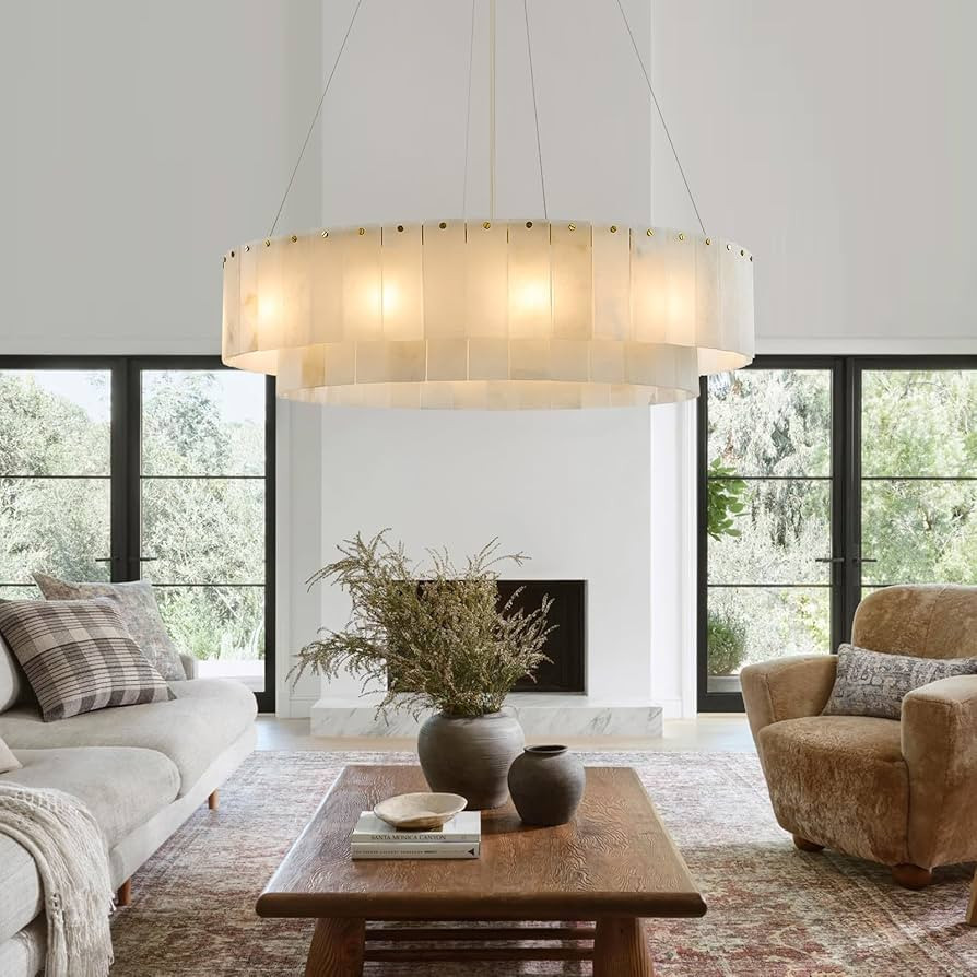 Alabaster Modern Luxury Round Chandelier: 31" Natural Marble Brass Gold Dining Room Light Fixture... | Amazon (US)