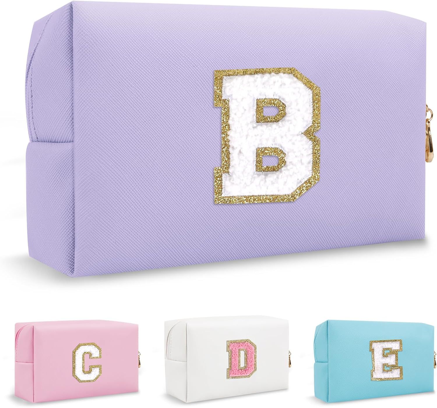 Small Initial Preppy Makeup Bag Organizer, Purple Cute Chenille Letter Make Up Cosmetic Zipper Po... | Amazon (US)