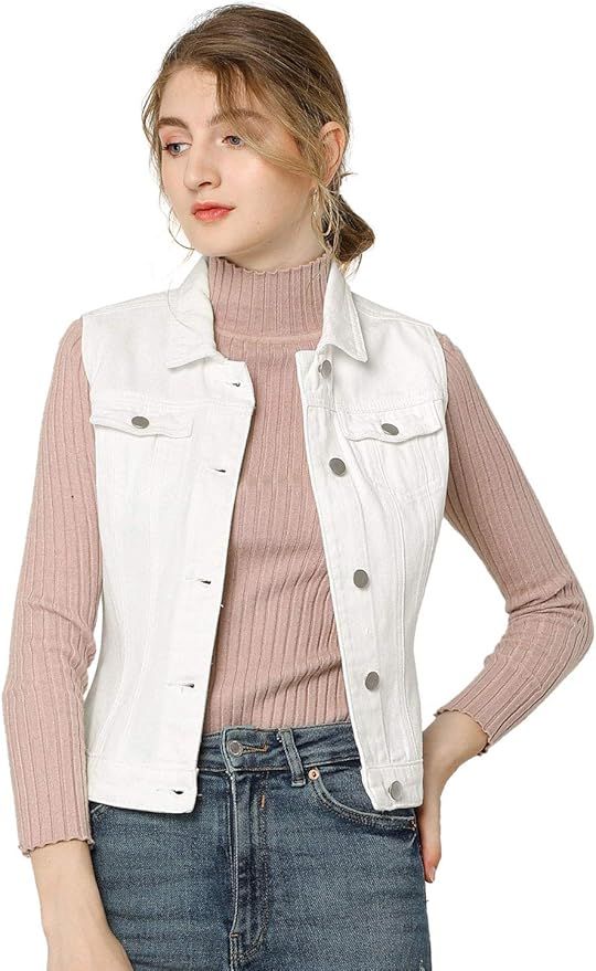 Allegra K Women's Buttoned Washed Denim Vest Jacket W Chest Flap Pockets | Amazon (US)