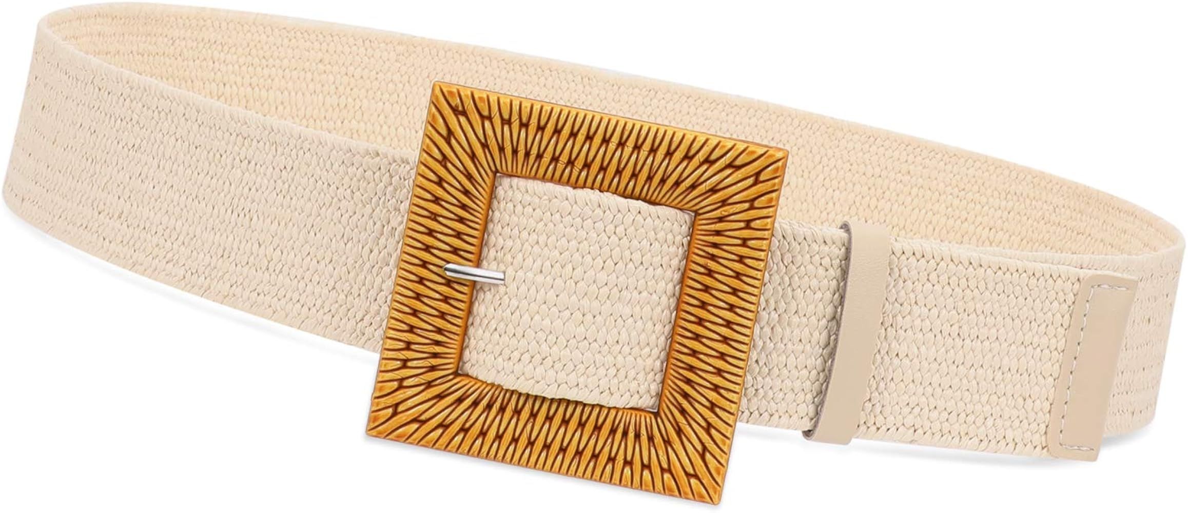 Fashion Wide Straw Woven Elastic Stretch Waist Band Belt Summer Bohemian Ladies Beach Dress Belts | Amazon (US)