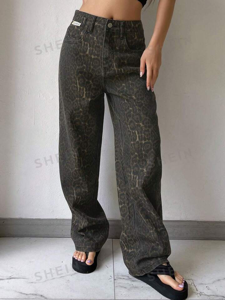 DAZY Women's Leopard Print Wide Leg Loose Casual Jeans With Pockets | SHEIN