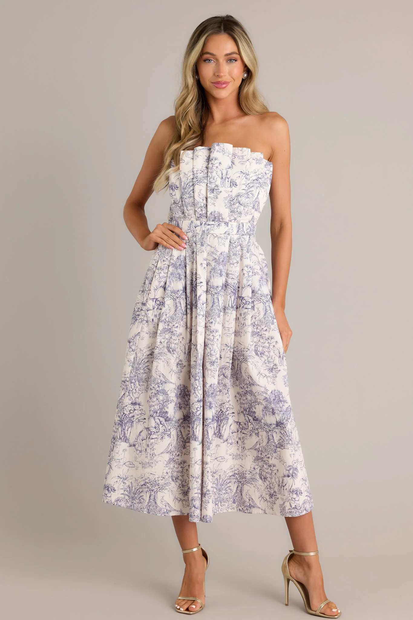 Our Life Together Navy Toile Strapless Midi Dress | Red Dress
