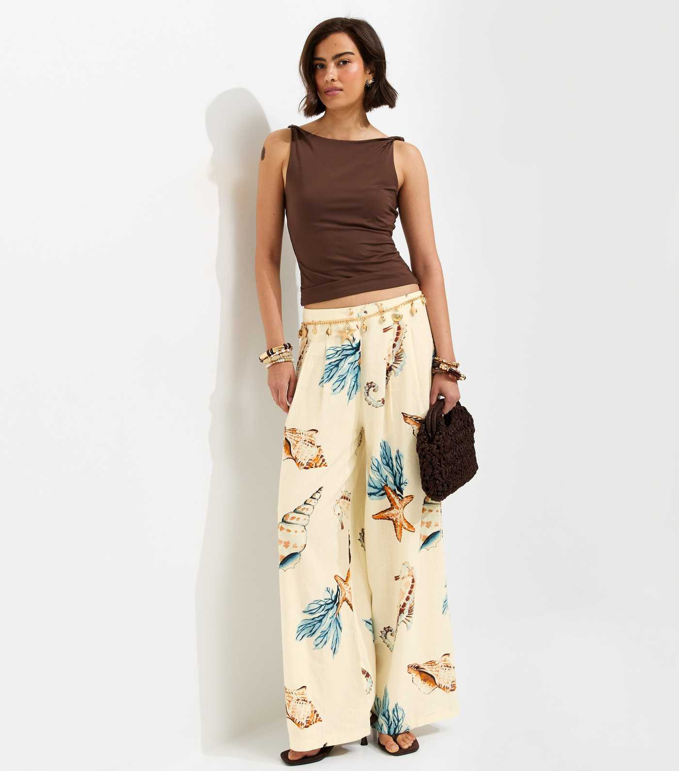Cream Linen Rich Seahorse Print  Wide Leg Trousers | New Look | New Look (UK)