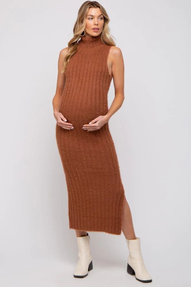 Camel Fuzzy Knit Sleeveless Turtle Neck Maternity Midi Dress | PinkBlush Maternity