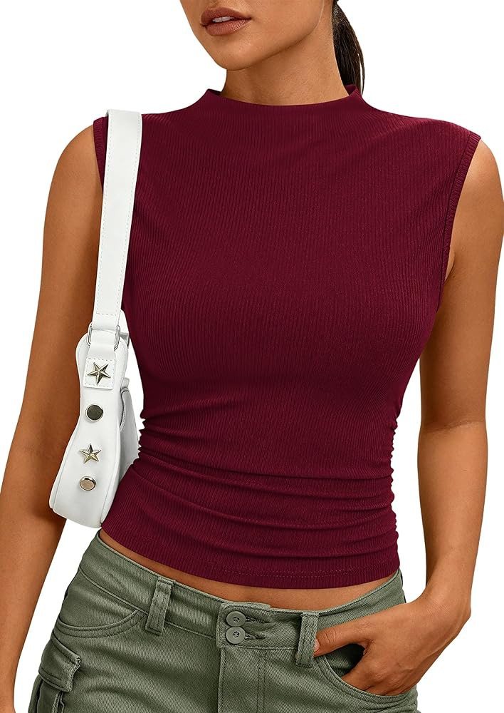 PRETTYGARDEN Sleeveless Tops for Women Ribbed Mock Neck Tank Top Slim Fitted Ruched Basic Layerin... | Amazon (US)