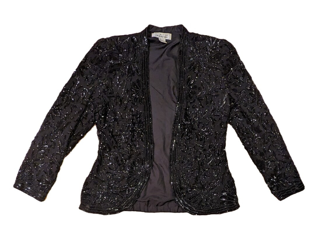 Niteline by Della Roufogali VTG Black Silk Sequined Beaded Blazer Size 4 Preowned | Etsy (US)