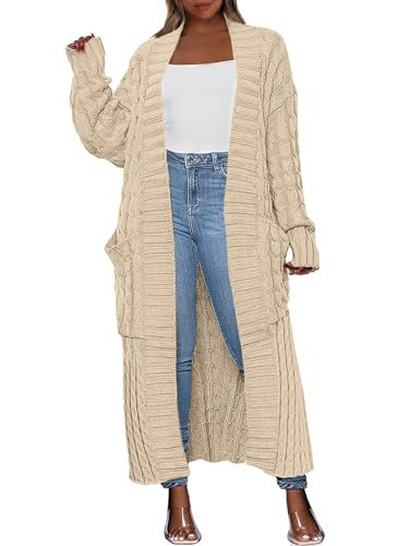 Caracilia Womens Long Cardigan Sweaters 2025 Fall Open Front Coat Long Sleeve Cable Knit Maxi Outerwear Trendy Jacket Clothes Light Khaki X-Large | Amazon (US)
