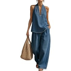 Women's 2 Piece Denim Outfits, Minimalist Halter Neck Top and High Waisted Wide Leg Pant Casual T... | Amazon (US)