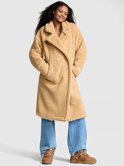 Plush Teddy Long Coat, Beige, L - Women's Jackets & Outerwear - PINK | Victoria's Secret (US / CA )
