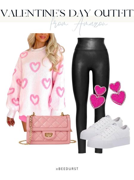 Valentine’s Day outfit from Amazon, Amazon fashion, heart sweater, leather leggings, white sneakers, pink purse, heart earrings, casual Valentine’s Day outfit, teacher outfit

#LTKSeasonal #LTKfindsunder50 #LTKparties