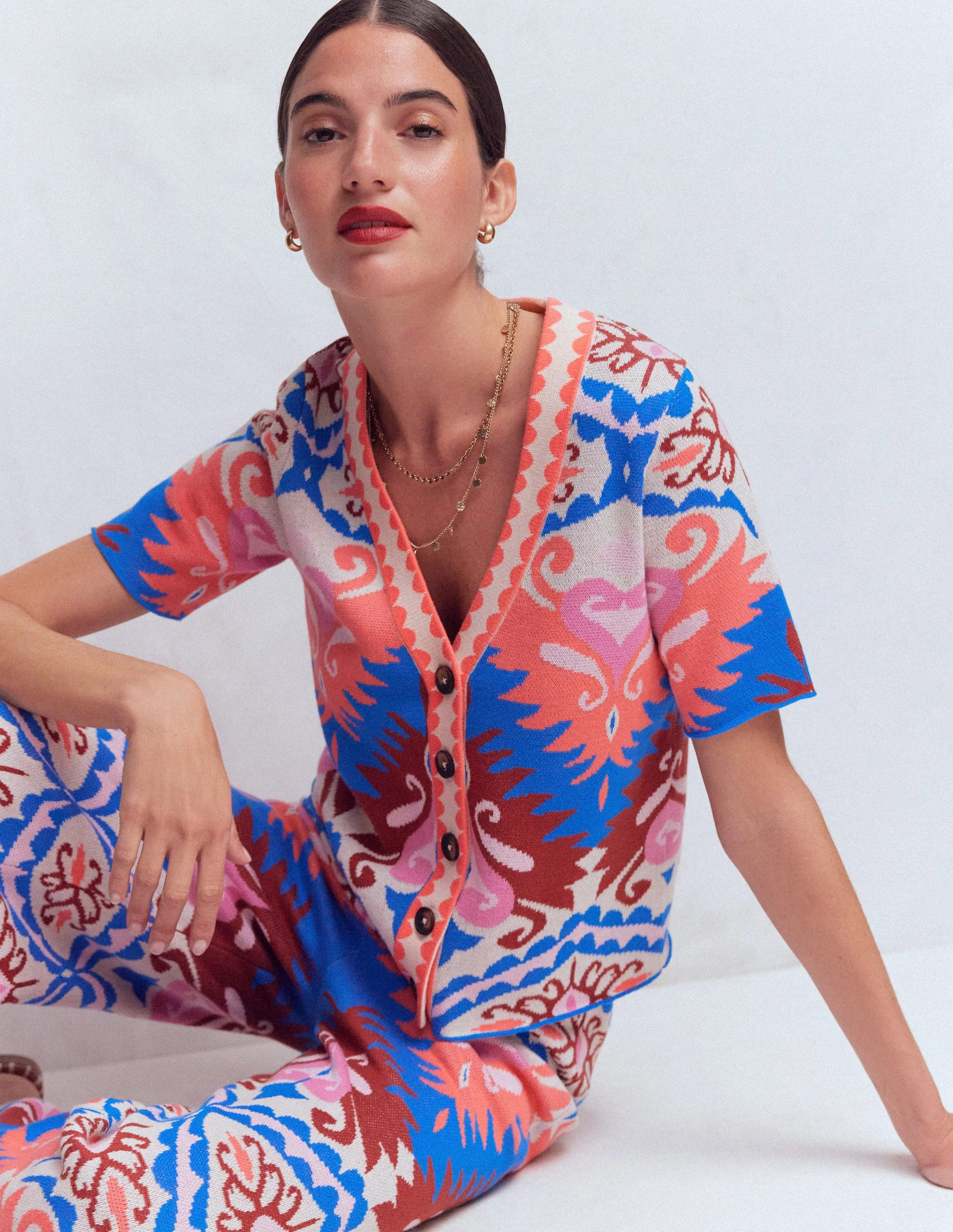 Short Sleeve Jacquard Cardigan-Aztec | Boden (US)
