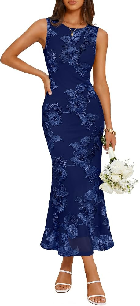 ZESICA Womens 2026 Summer Floral Wedding Guest Midi Dress Sleeveless Mesh Slit Bodycon Formal Coc... | Amazon (US)