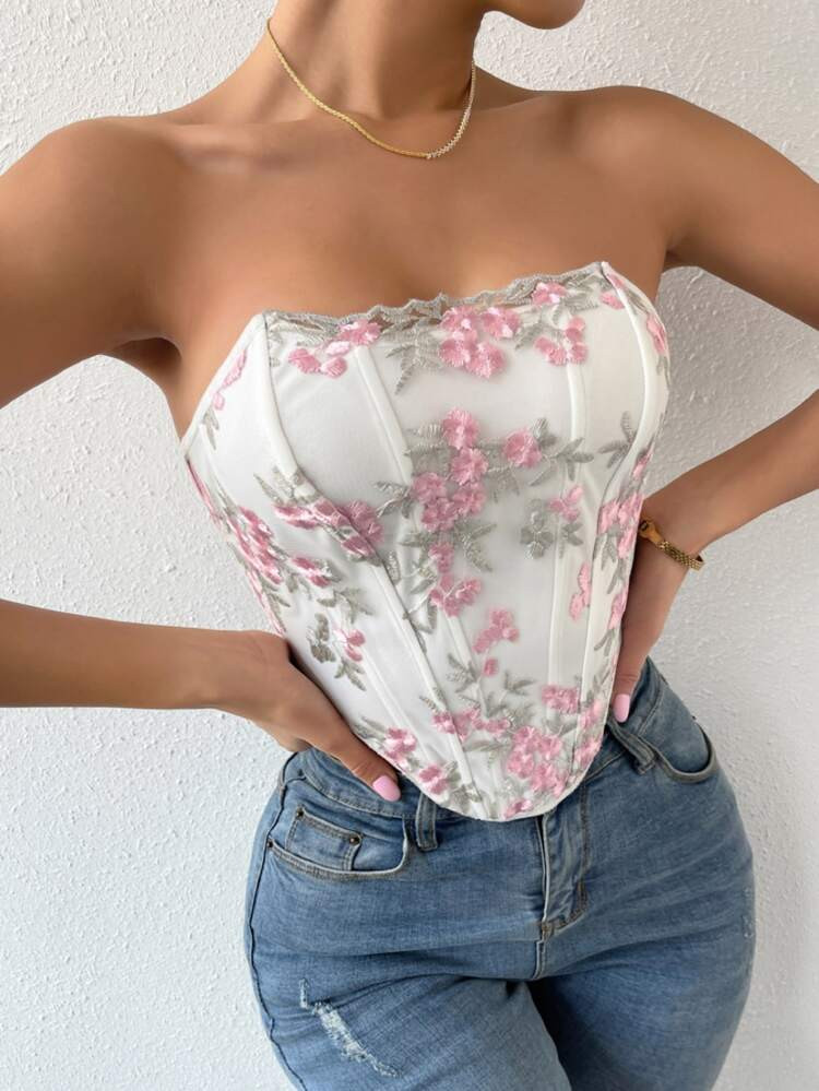 Floral Embroidery Lace Up Backless Curved Hem Tube Top | SHEIN