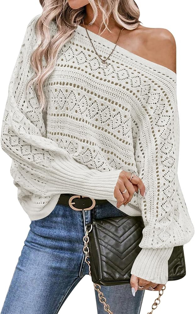 Cakulo Womens Off Shoulder Sweater Top Fall Outfits Fashion 2025 Oversized Knit Batwing Long Slee... | Amazon (US)