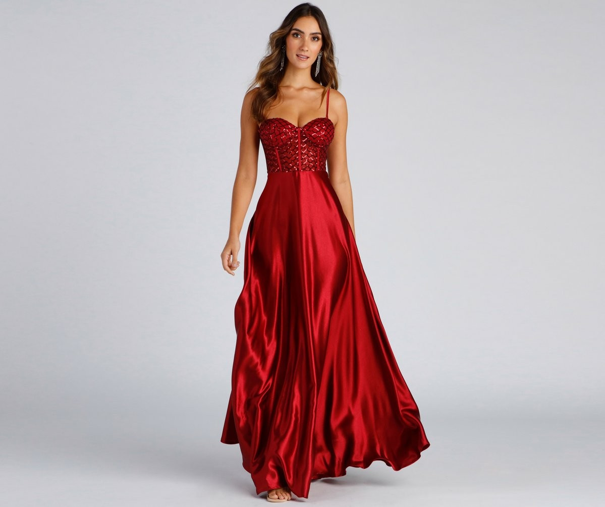 Brookelle Sequin Sweetheart Satin Formal Dress | Windsor Stores