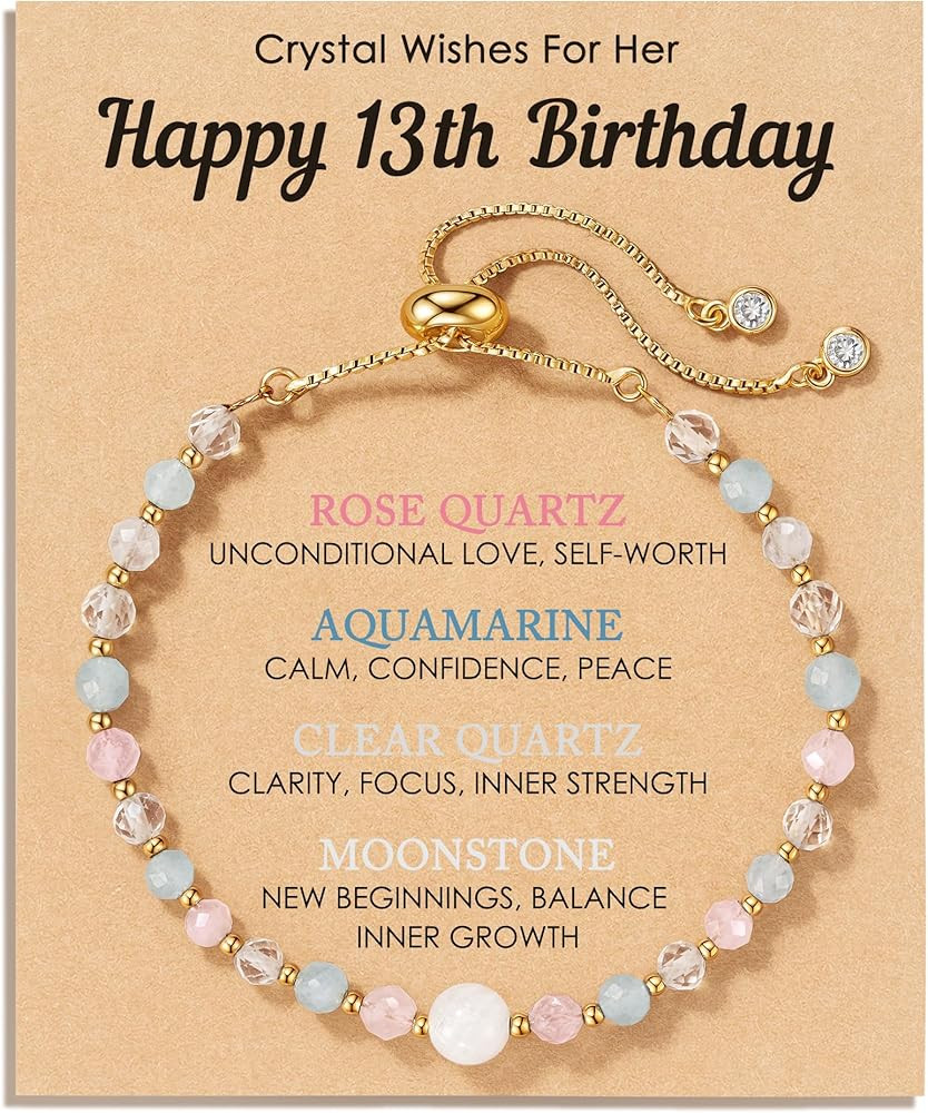 HGDEER Natural Crystal Bracelet 13th 16th Birthday Gifts for Girls - Rose Quartz Moonstone Aquama... | Amazon (US)