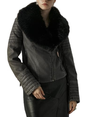 Bellivera Women's Faux Leather Jacket Moto Fleece-Lined Belt Coat with Removable Fur Collar GSDF3026 Grey L | Amazon (US)
