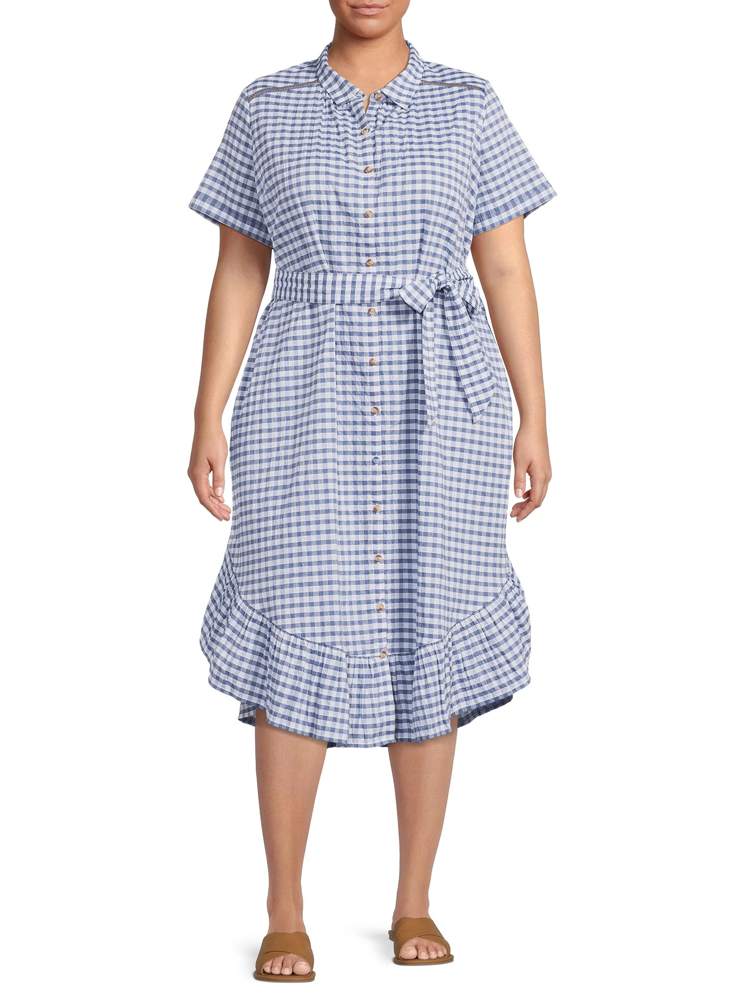 Terra & Sky Women's Plus Size Ruffle Shirt Dress with Short Sleeves | Walmart (US)