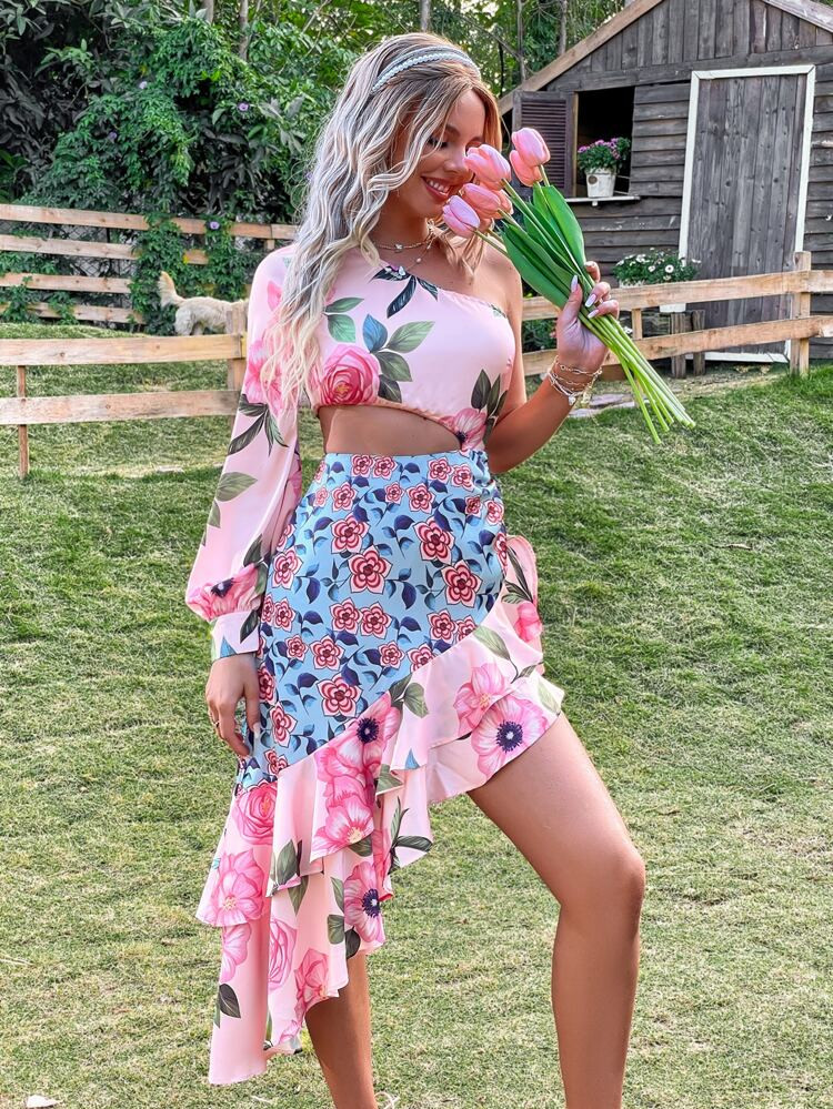 Random Floral Print One Shoulder Cut Out High Low Layered Ruffle Hem Dress | SHEIN
