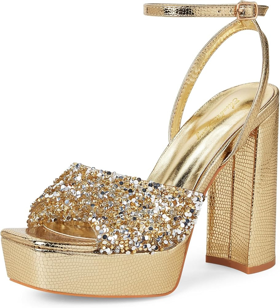 Elisabet Tang 4IN rhinstone square toe platform strappy chunky block dressy heeled sandals sparkl... | Amazon (US)