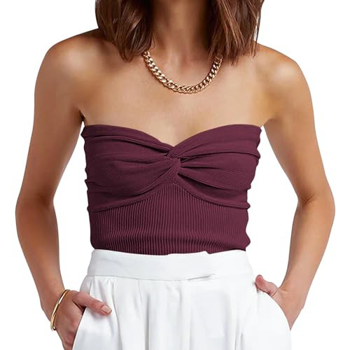 ANRABESS Tube Tops for Women, Strapless Twist Knot Corset, Rib Knit, Slim Fit Medium Stretch, Sexy Tank for Party&Going Out X-Small Burgundy | Amazon (US)