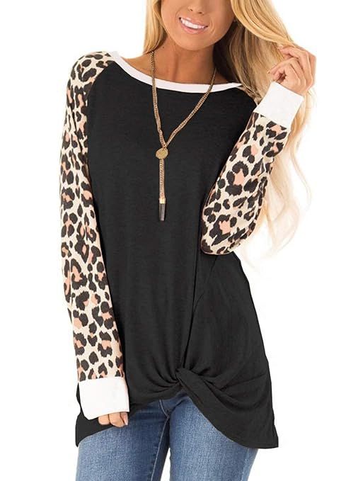 ADREAMLY Women's Long Sleeve Leopard Print Patchwork Shirt Twist Knot Tunic Tops | Amazon (US)