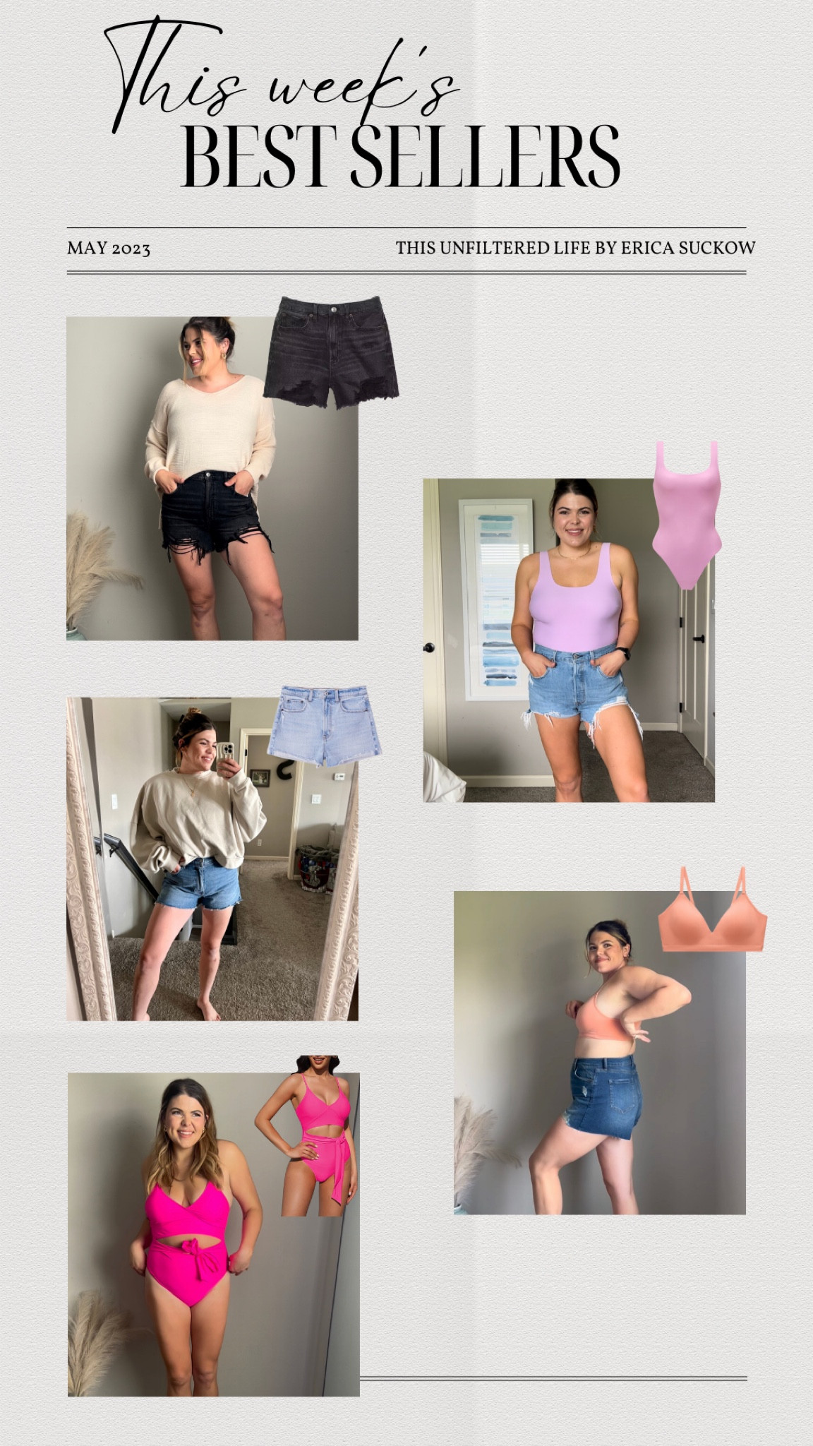 This weeks best sellers
1 American sage distressed jean shorts- on sale for $35- 40% off
2 parade bodysuit only $11 - use UNFILTERED50 for 50% off
3 Abercrombie and fitch shorts size 31, sizes going quick
4 wireless bra from third love 🧡
5 amazon swimsuit 

Midsize, summer outfit, jean shorts, mom outfit size 12 

#LTKcurves #LTKsalealert #LTKunder50