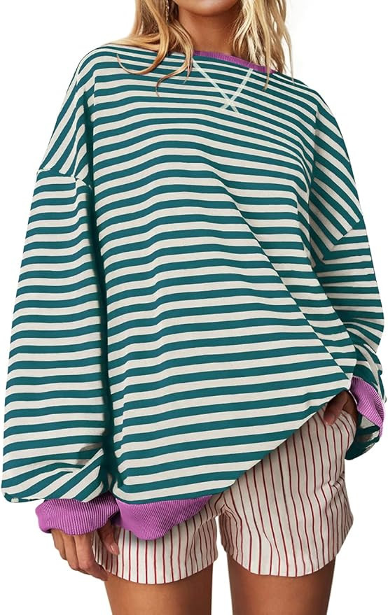 UEU Women Oversized Striped Crewneck Sweatshirt Long Sleeve Color Block Pullover Tops Casual Loos... | Amazon (US)