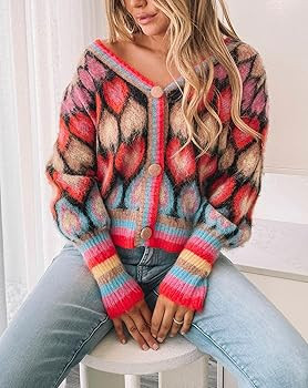 Women's Cute Sweater Cardigan Heart Print Y2K Button Open Front Cardigans V Neck Cropped Knitted ... | Amazon (US)