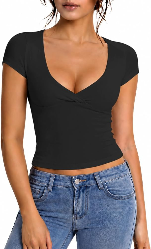 Abonlen Womens Ribbed Crossover V Neck T Shirts Short Sleeve Fitted Crop Tops Y2k Tees Going Out ... | Amazon (US)