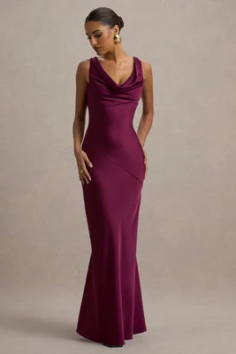 Alesso | Burgundy Satin Cowl-Neck Slip-Maxi Dress | Club L London