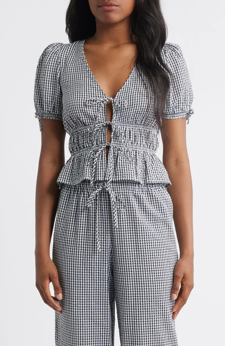 x Styled by COCO! Nina Gingham Seersucker Tie Front Top | Nordstrom