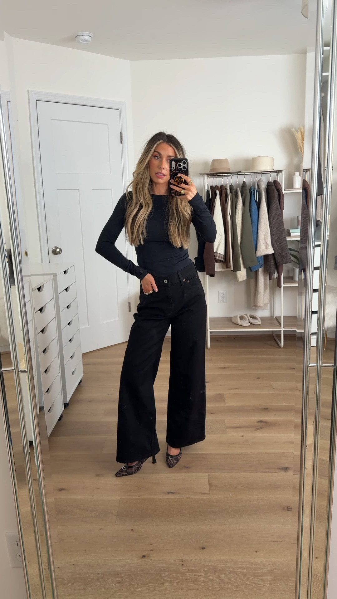 casual chic outfit inspo that can take you from workday to weekend 
+ leather jacket: xs 
+ top: xs 
+ high rise wide leg jeans: 24 short 
+ leopard heels: true to size 

Elevated casual outfit
Casual chic outfit 
Black Jeans
Black denim 
Work outfit 
Office style
Date night outfit 

#LTKSaleAlert #LTKootd #LTKPetite