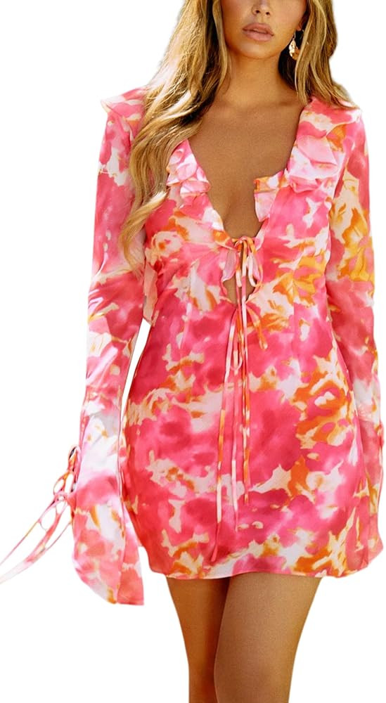 Women's Sheer Mesh Cover Ups Long Sleeve Bodycon Ruched Beach Dress for Swimwear | Amazon (US)