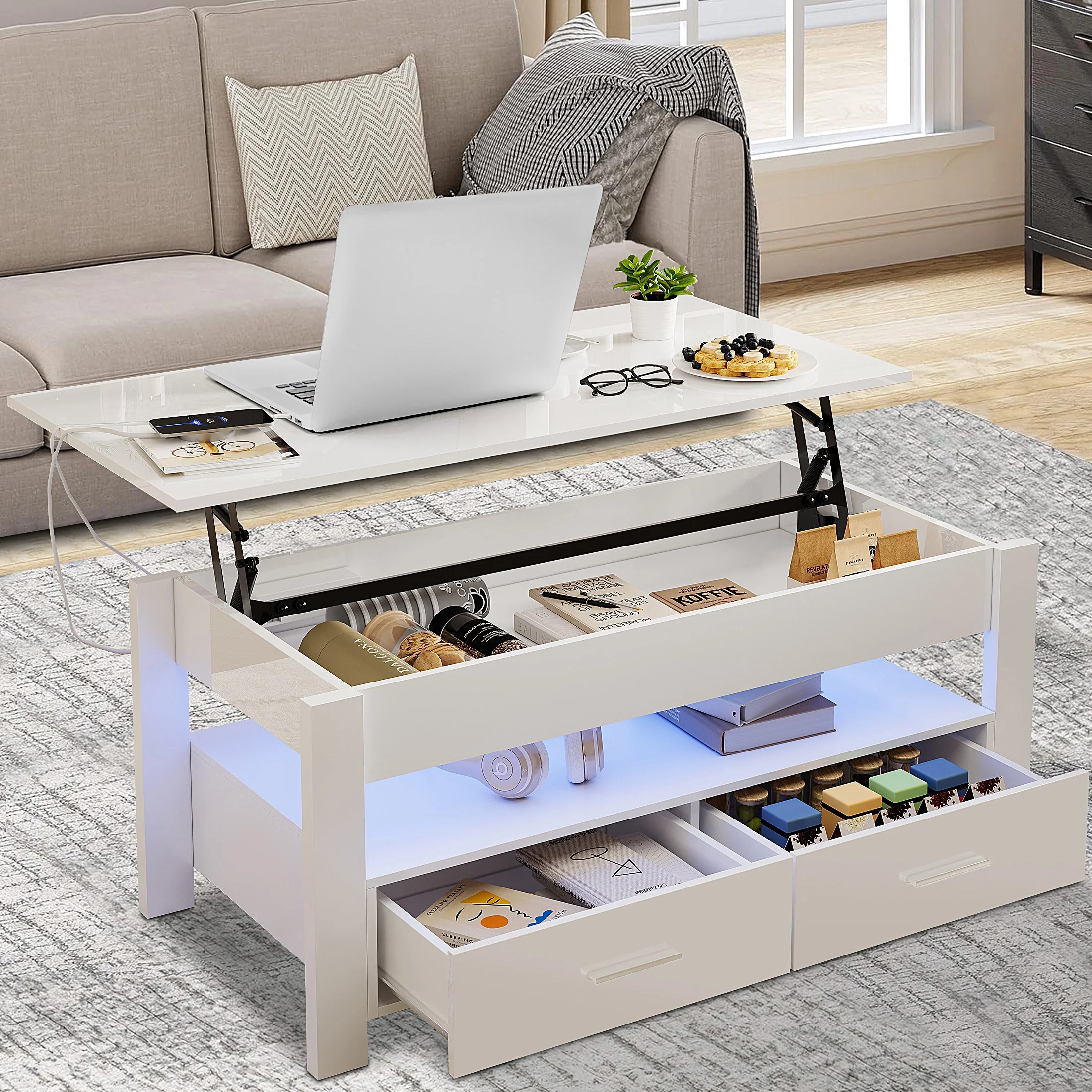 PAPROOS White LED Lift Top Coffee Table for Living Room, Modern High Glossy Center Table with 2 D... | Walmart (US)