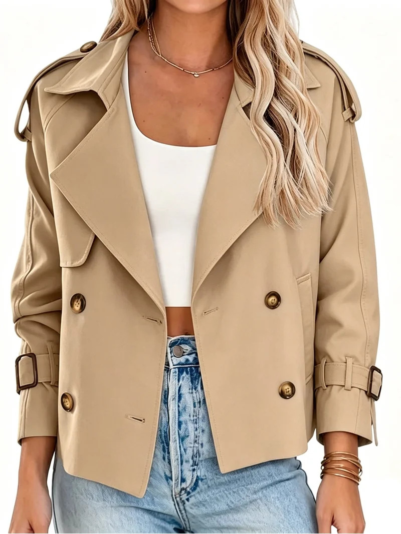 Double Breasted Women Solid Color Casual Crop Trench Coat Lady Office Jacket with Pocket | Walmart (US)