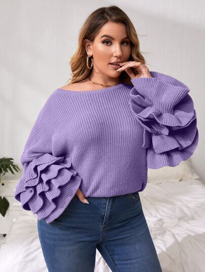 Plus Layer Sleeve Eyelet Detail Sweater | SHEIN